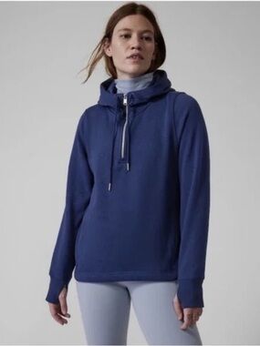 Athleta Cozy Karma 1/4 Zip Hoodie Navy Blue Athleisure Cozy Plush Pullover